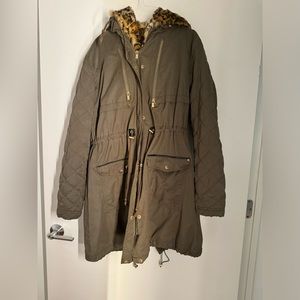 ZARA Olive Green Leopard Faux Fur Military Parka Hood Jacket Winter Coat Travel